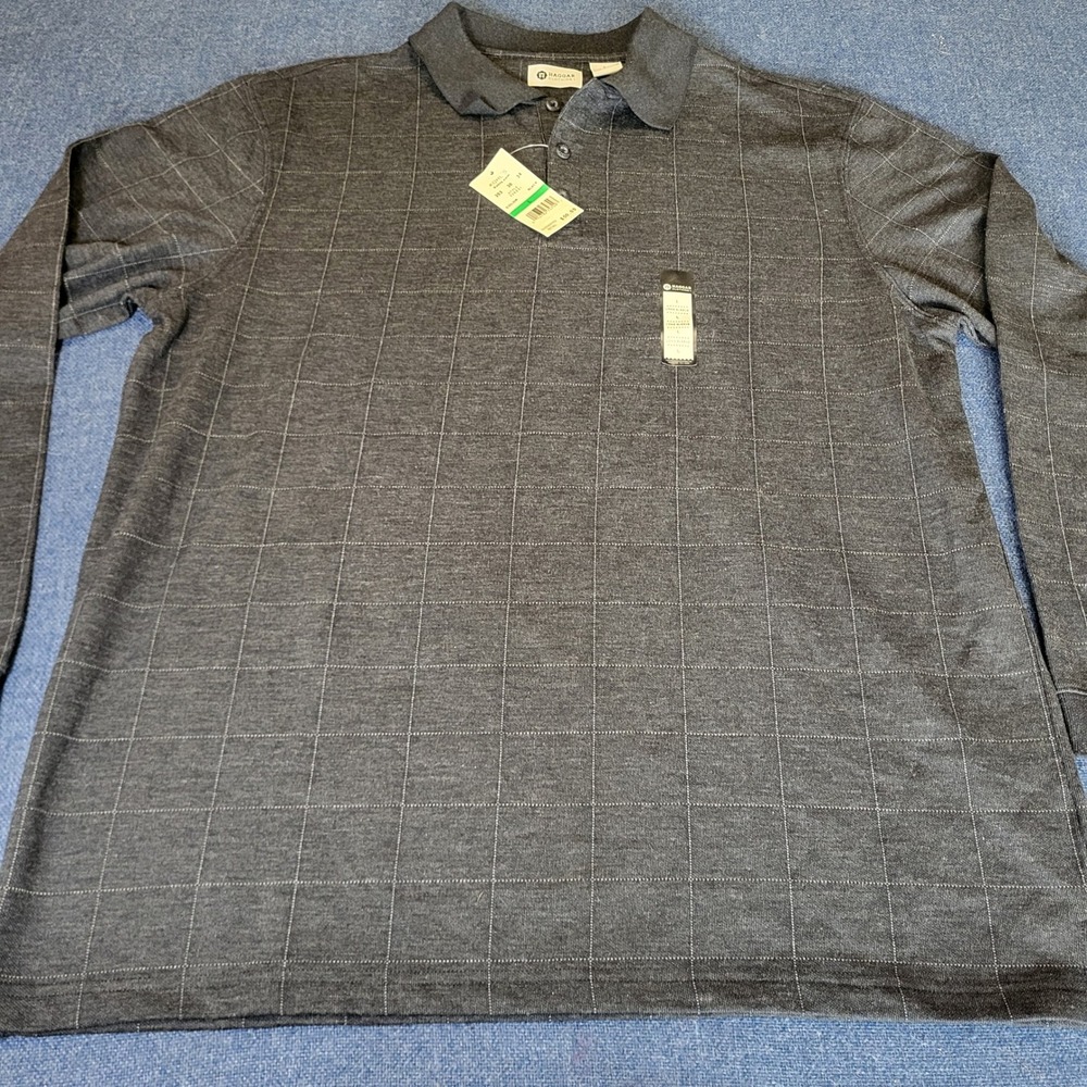 Haggar Mens Long Sleeve Windowpane Polo Shirt Black Heather Large NWT Preppy